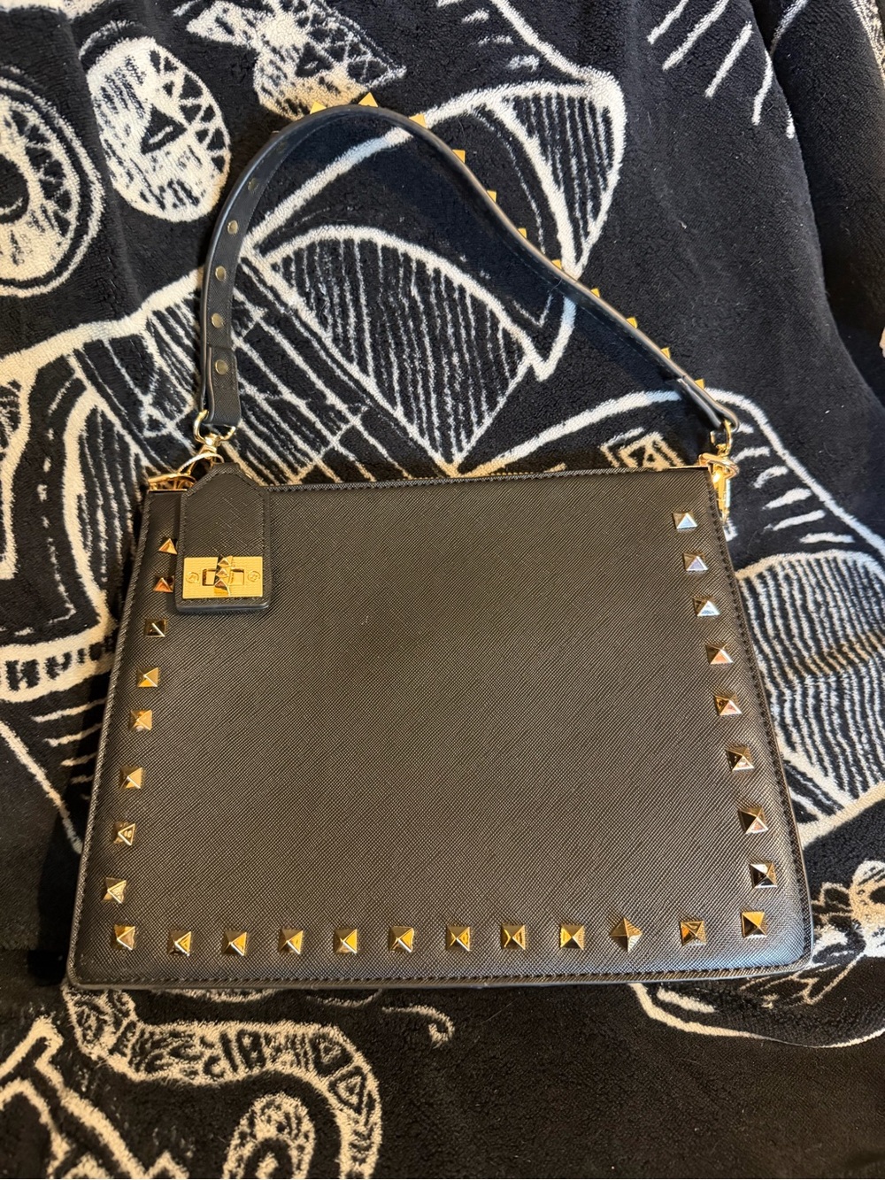 Black Studded Leather Top-Handle Bag